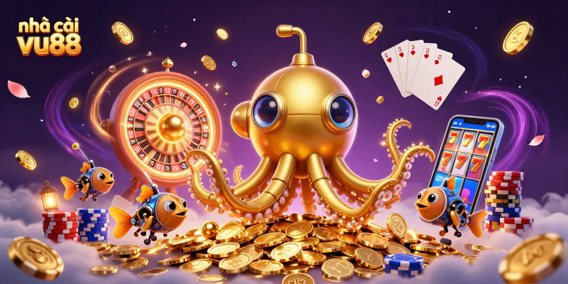Experience thrilling action at nhà cái vu88 with a vibrant 3D gaming scene full of gold, cards, and casino elements.