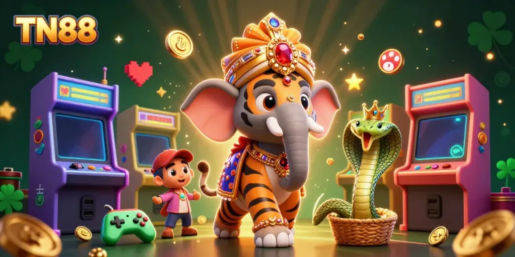 Engage with TN88's vibrant casino offerings featuring a 3D maharaja tiger and game machines.