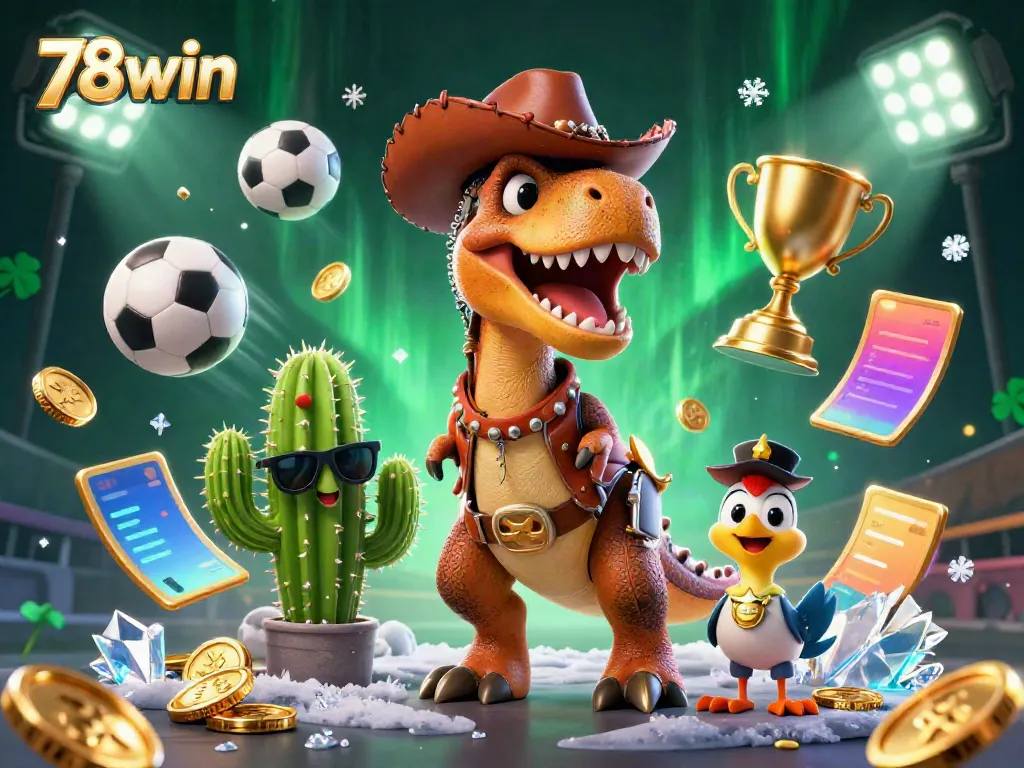Engage with thrilling games at 78win as the cartoon T-Rex and friends enjoy a vibrant casino atmosphere.