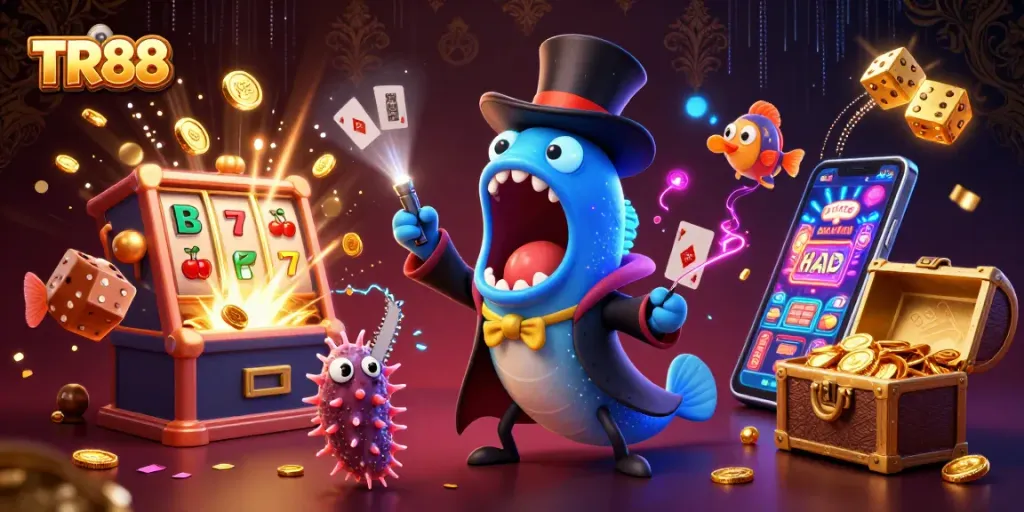 Experience thrilling gameplay with TR88 and vibrant casino elements in a magical illustration.