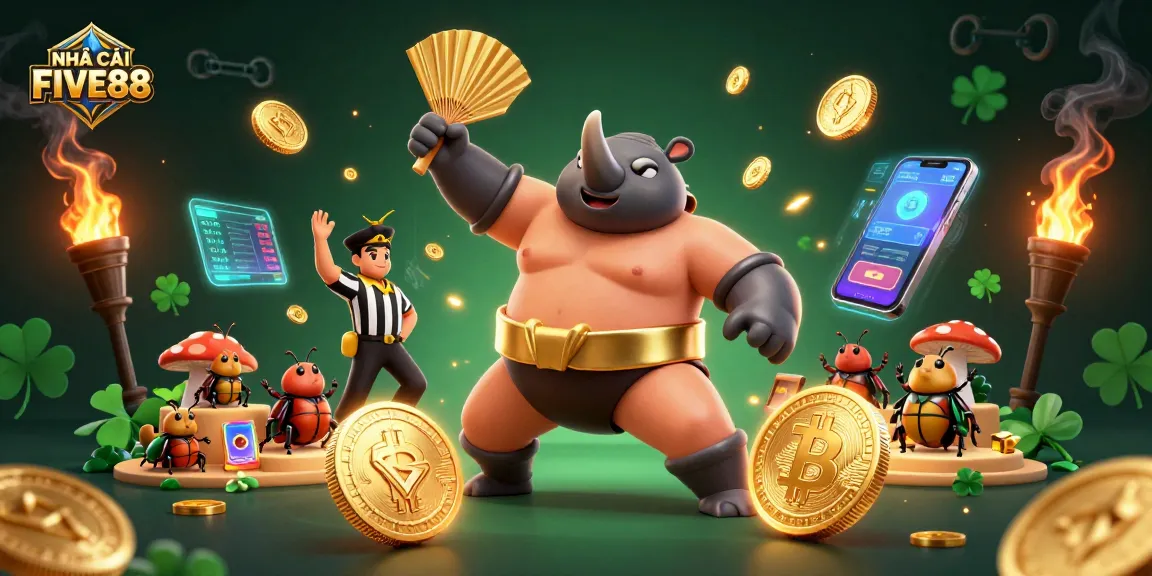 Engage with NHÀ CÁI FIVE88 through an energetic 3D illustration featuring a sumo beetle champion amidst flying coins and crypto elements.
