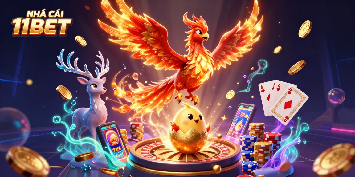 Experience the thrill at NHÀ CÁI 11BET with vibrant golden coins and dynamic casino elements.