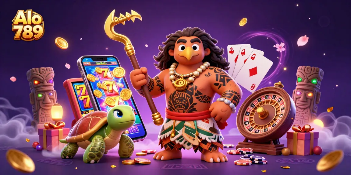 Alo 789 captivates players with vibrant 3D cartoon illustration of immersive casino gaming elements like slot machines and golden coins.