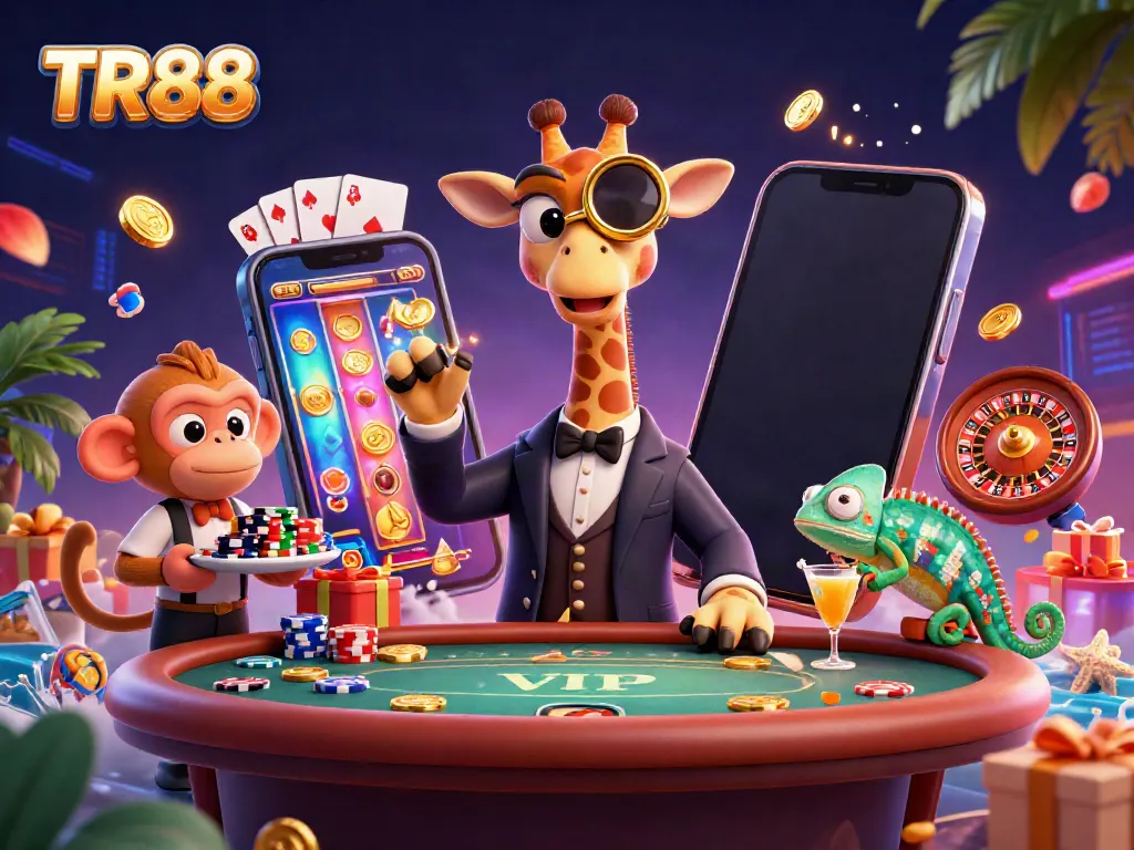 Engage with TR88's vibrant online casino featuring high-roller giraffe and dazzling gaming elements.