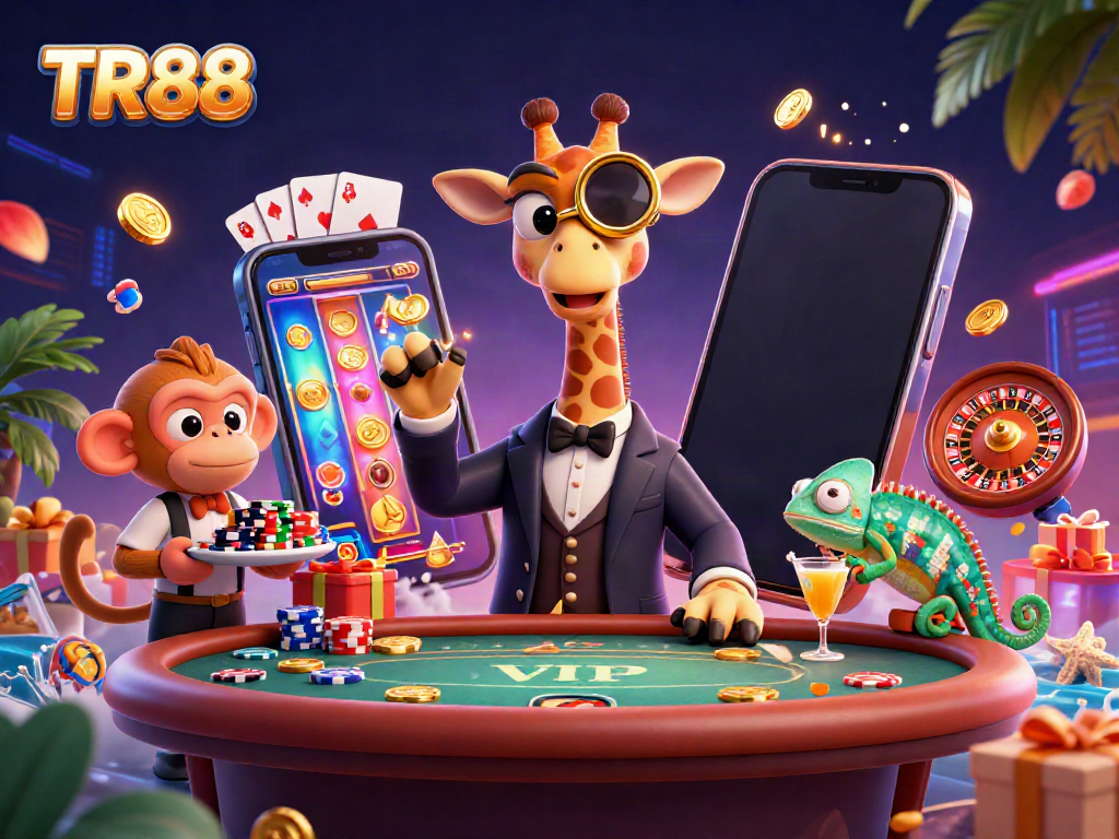 Engage with TR88's vibrant online casino featuring high-roller giraffe and dazzling gaming elements.