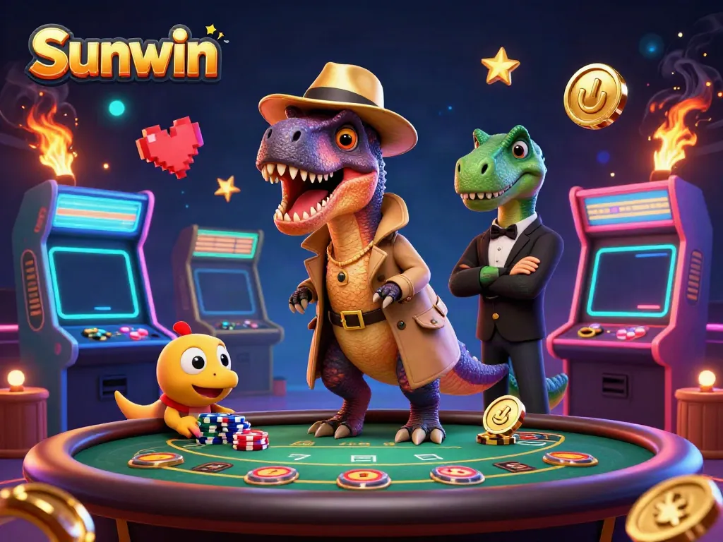 Experience thrilling gaming moments with Sunwin featuring a velociraptor card counter and vibrant casino elements.