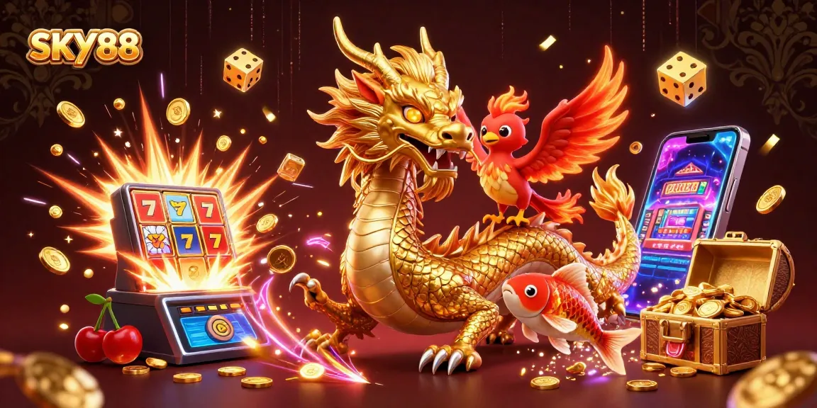 Engage with the thrilling world of SKY88 featuring a fierce dragon, phoenix, and koi fish amidst casino elements.