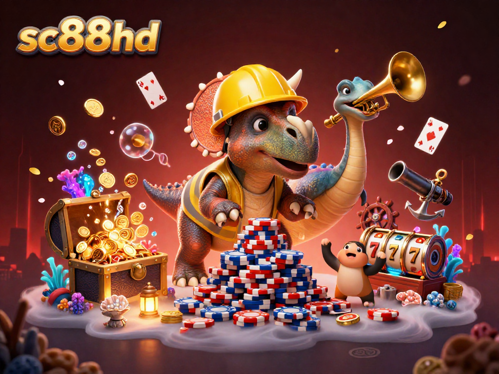 sc88hd's vibrant 3D scene showcases a triceratops building poker chips amid casino elements.