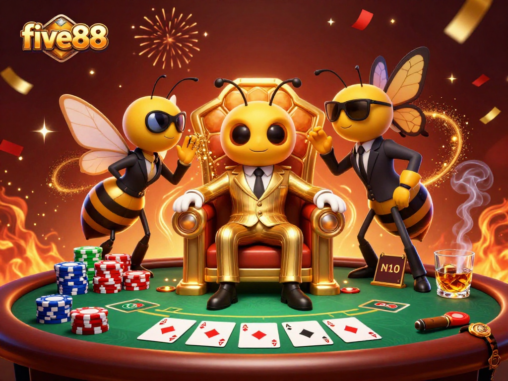 five88 showcases an energetic poker scene with a bumblebee mob boss and vibrant game elements.