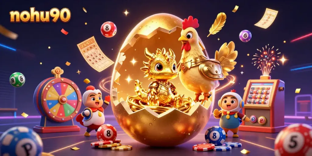 Unveil the excitement at nohu90 with a vibrant 3D illustration featuring golden themed casino elements and dynamic gameplay visuals.