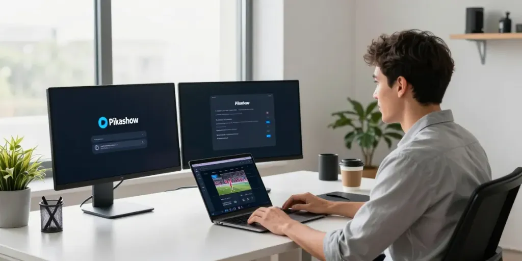 Downloading Pikashow for macOS on a stylish workspace.