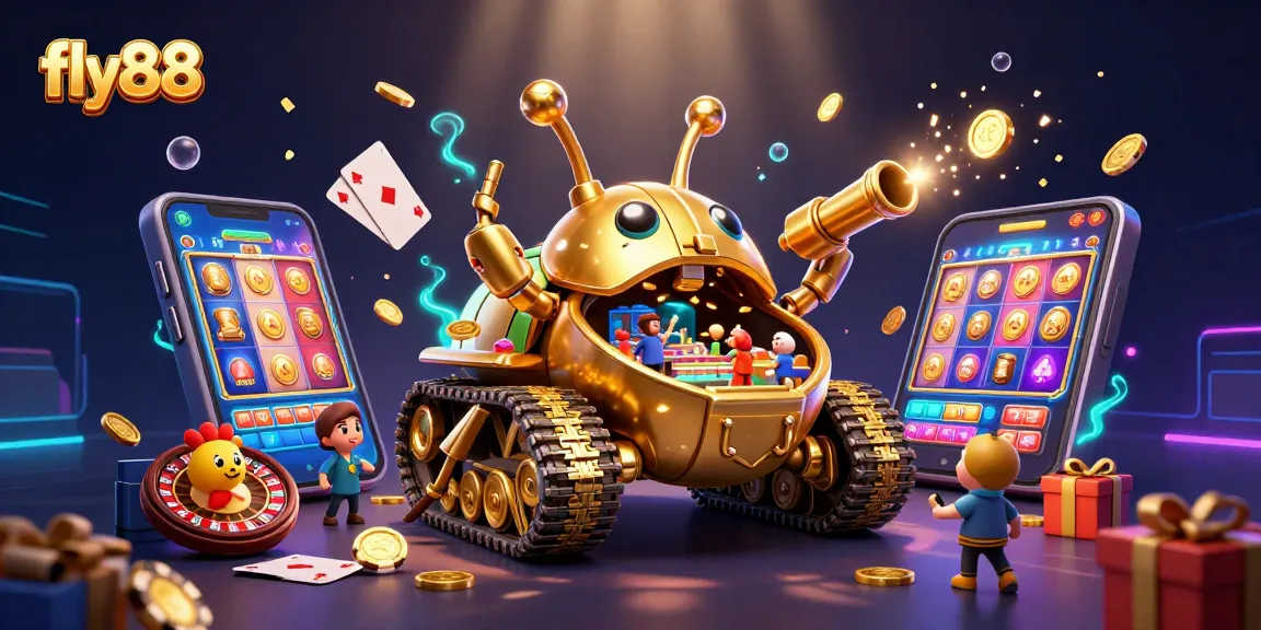 Experience thrilling entertainment with fly88's vibrant online casino illustration showcasing dynamic gaming elements.