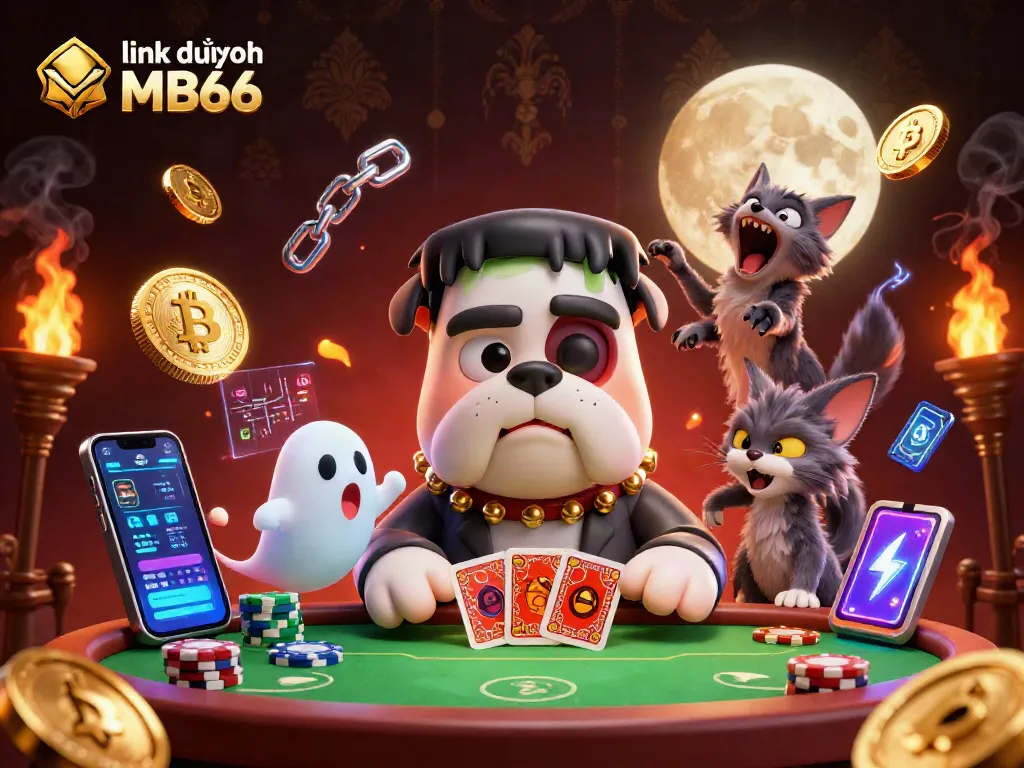 Engage with link dự phòng MB66 at a lively poker table, featuring a monster dealer and crypto coins.