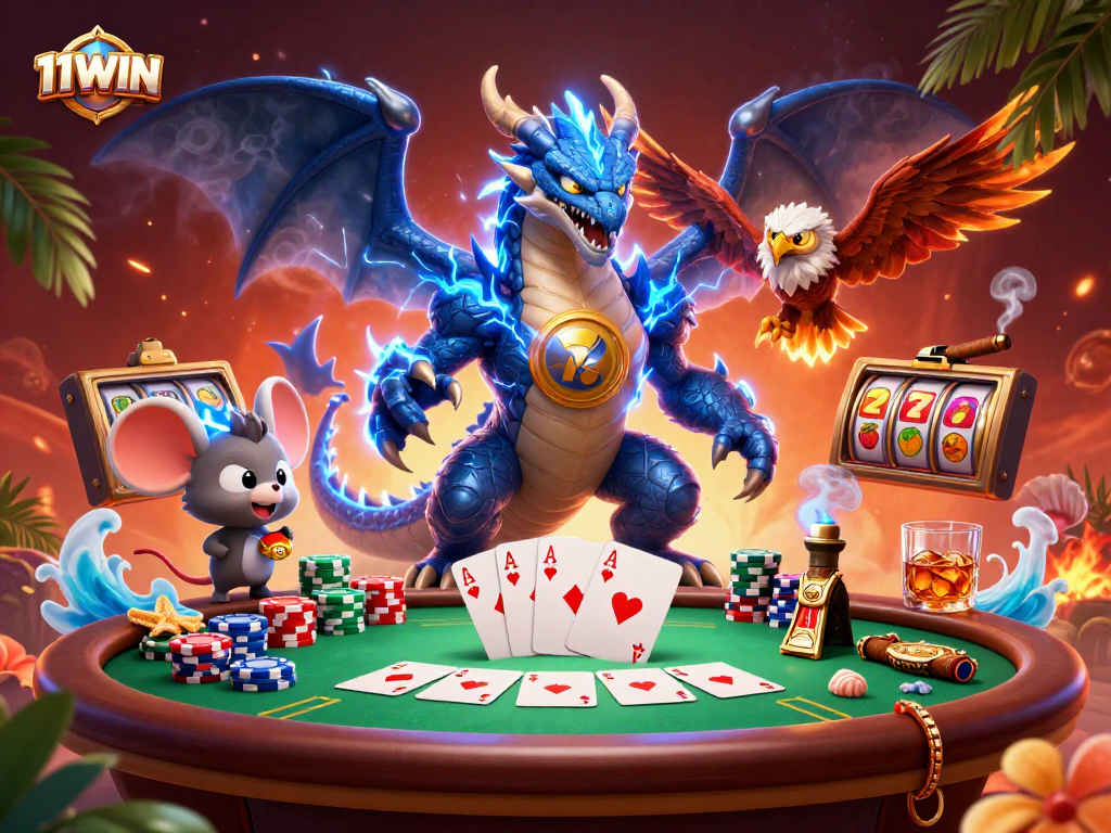 Engage with the vibrant world of 11WIN as electrifying characters play dynamic poker at a lively casino setting.