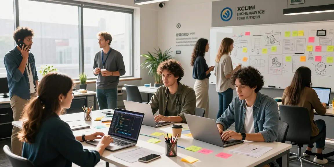 Bekijk de website voor innovatieve technologieën met professionals die samenwerken in een moderne coworking ruimte.