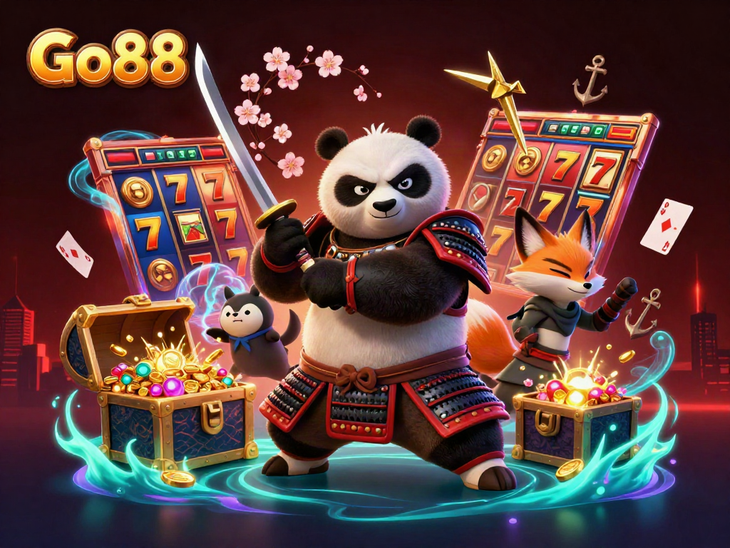 Experience thrilling moments with Go88 as a samurai panda and ninja fox engage in vibrant casino adventures.