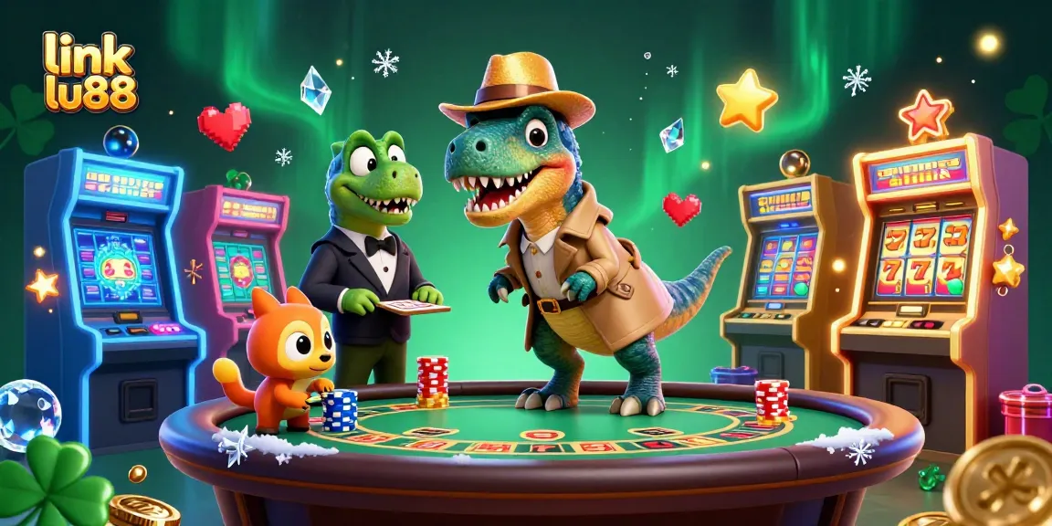 Win big at link lu88: cartoon velociraptor card counter at blackjack table amid casino excitement.