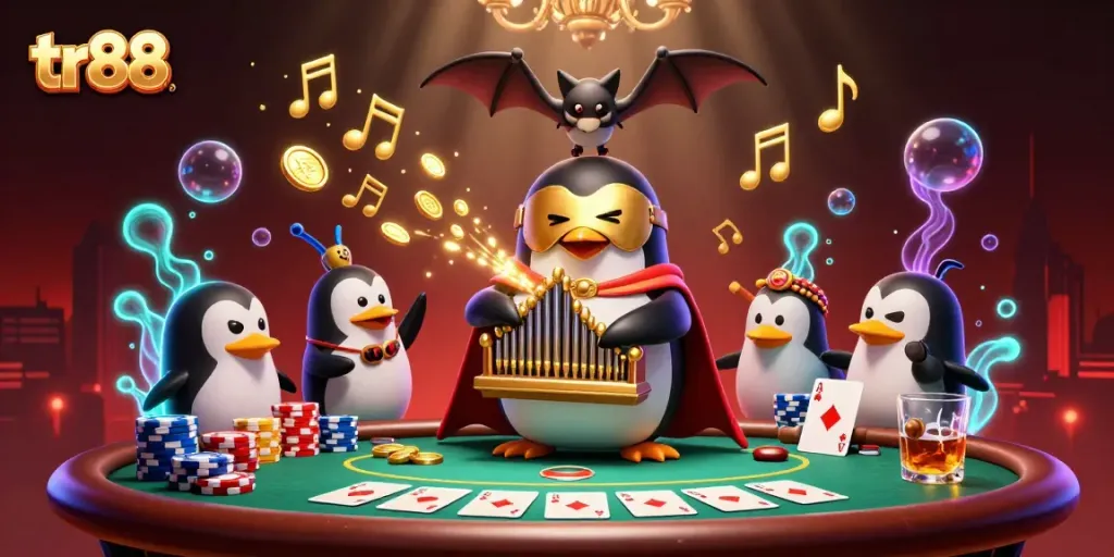 Experience tr88's vibrant gaming scene with a 3D penguin and acrobat in casino action.