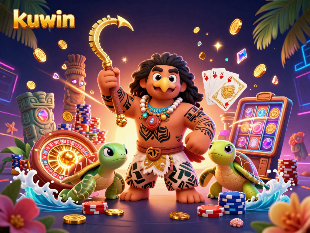 kuwin showcases an epic 3D scene featuring a Polynesian demigod and a turtle amidst casino games.