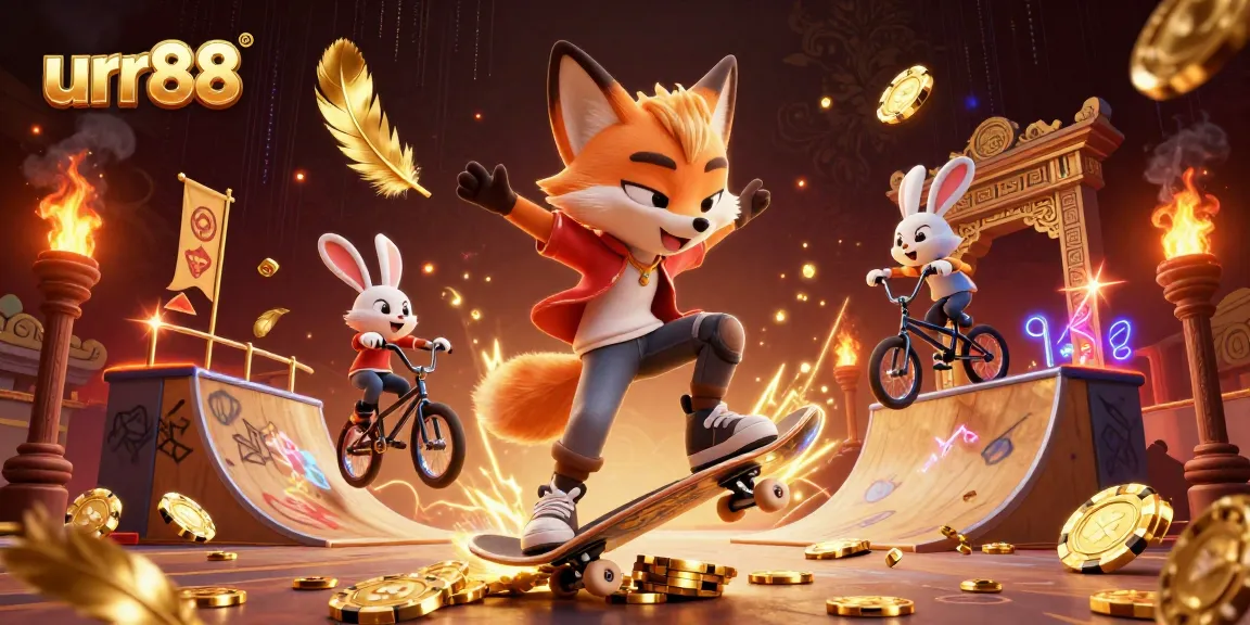 Experience thrilling gaming at urr88 with a fox performing tricks over golden poker chips.