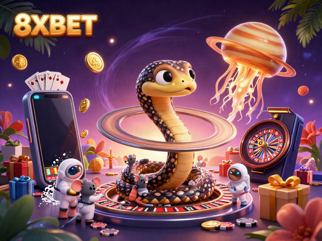 Experience the thrill of 8XBET with a vibrant cosmic casino scene featuring a Saturn snake and astronaut mice betting.