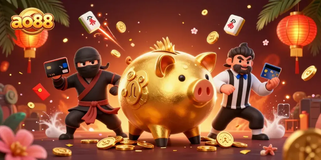 Engage in thrilling gameplay with ao88's dynamic casino scene featuring characters and exciting elements.