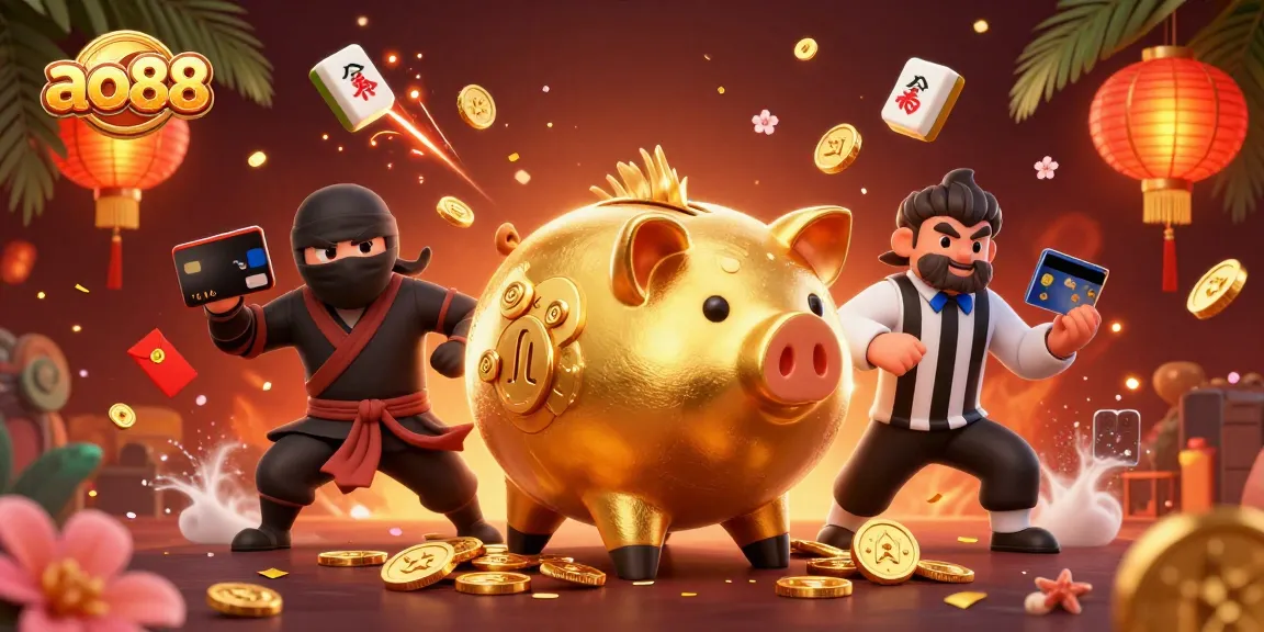 Engage in thrilling gameplay with ao88's dynamic casino scene featuring characters and exciting elements.