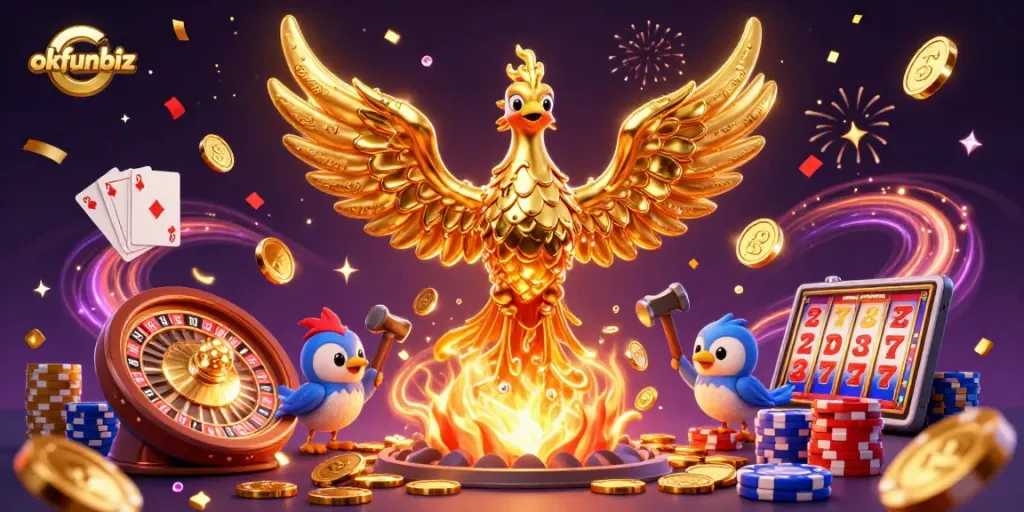 Engage with okfunbiz's thrilling online casino experience featuring a golden phoenix and dazzling game elements.