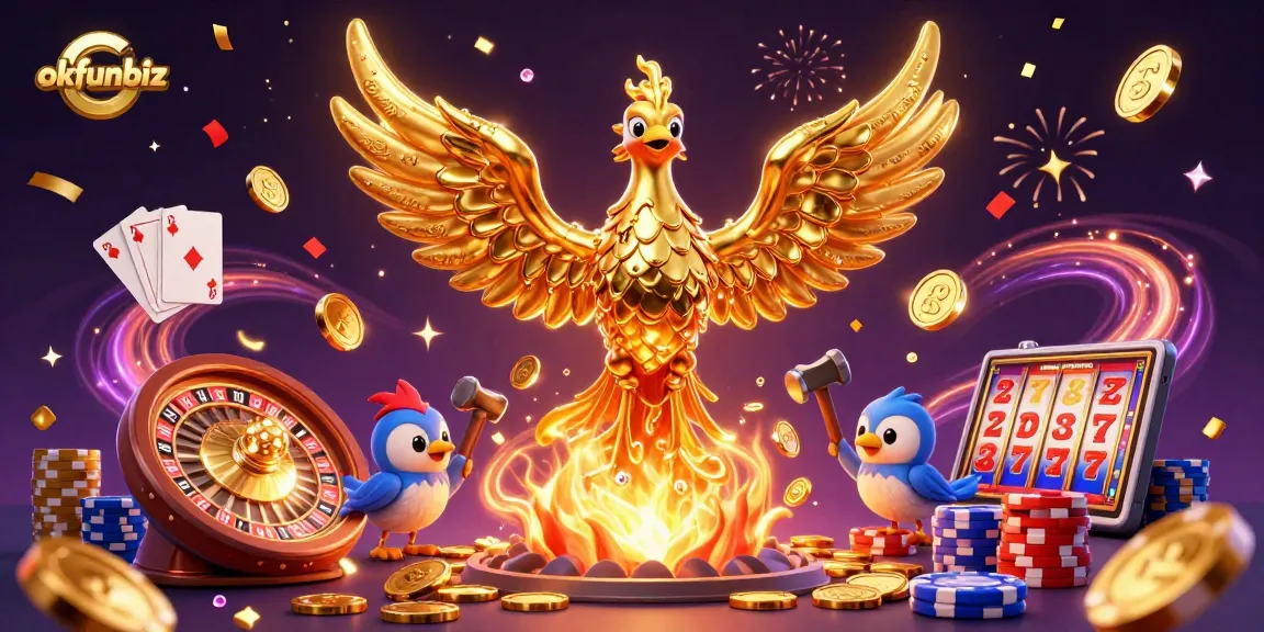 Engage with okfunbiz's thrilling online casino experience featuring a golden phoenix and dazzling game elements.