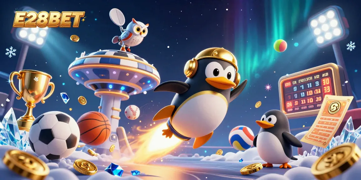 Join the action with E28BET as the golden penguin races to the casino in a vibrant, dynamic scene.