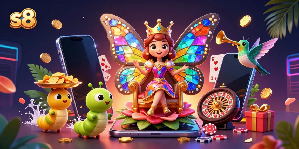 Engage with S8's vibrant slot games and casino adventures featuring a butterfly queen and golden chips.