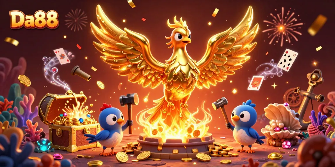 Experience thrilling gaming action at Da88 as molten gold transforms into coins amidst vibrant casino elements.