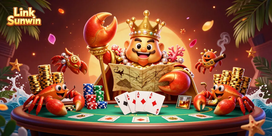 Engage with Link Sunwin through a vibrant scene of a golden crab emperor and his treasure map in an exciting casino setting.