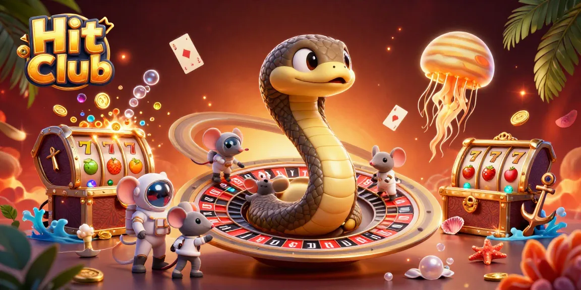 Engage with the Hit Club as cartoon mice bet on a space-themed roulette wheel, surrounded by vibrant casino elements.
