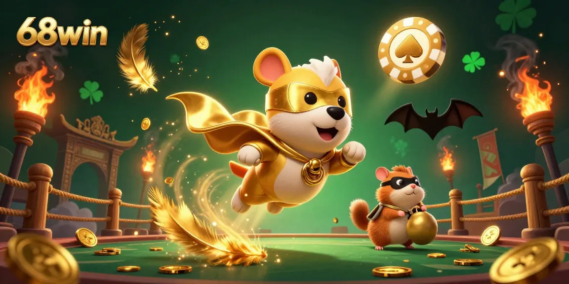 Engage with thrilling action at 68win as the superhero dog flies with gold coins in a dynamic casino scene.