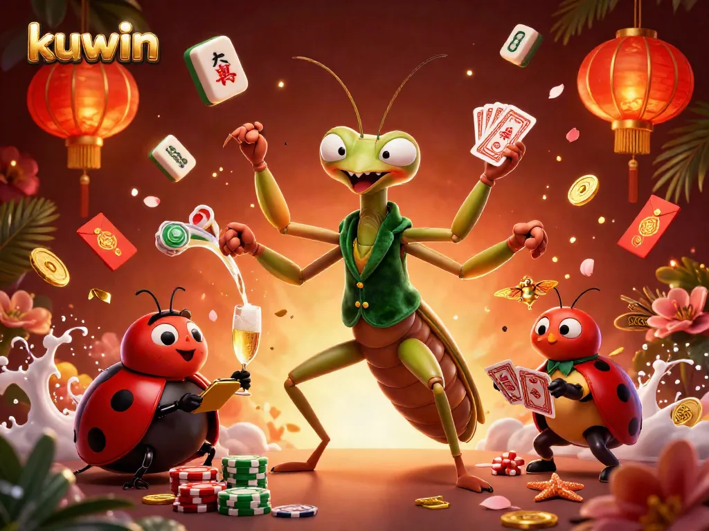 Kuwin offers thrilling card games with a giant praying mantis dealer in a vibrant 3D casino scene.
