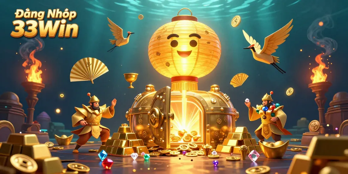 Experience the allure of Đăng Nhập 33Win in this vibrant casino scene filled with golden symbols and treasures.