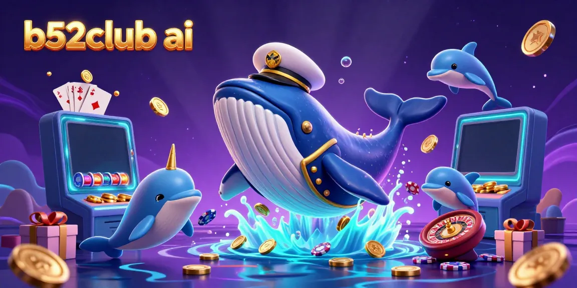 Experience the vibrant fantasy world of b52club ai with a whale and narwhal amid coins and gaming fun.