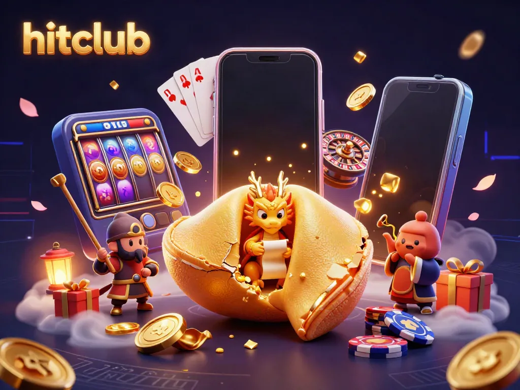 Hitclub's exciting gaming world with golden fortune cookie, dragon, and vibrant slot games.