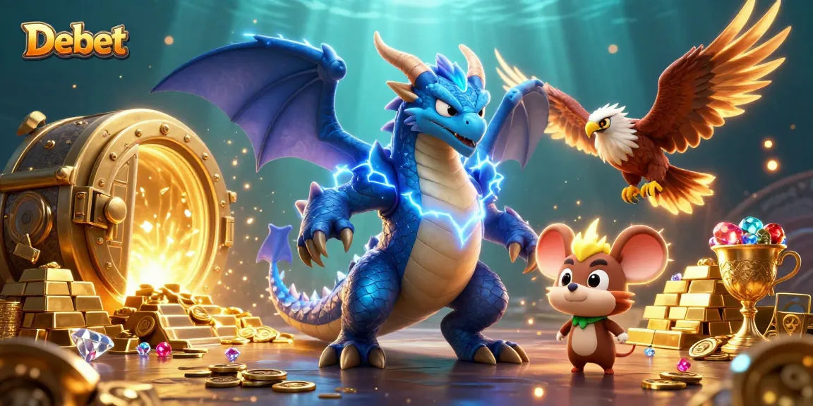 Experience thrilling moments at Debet with a dragon and hawk guarding treasures in the casino world.
