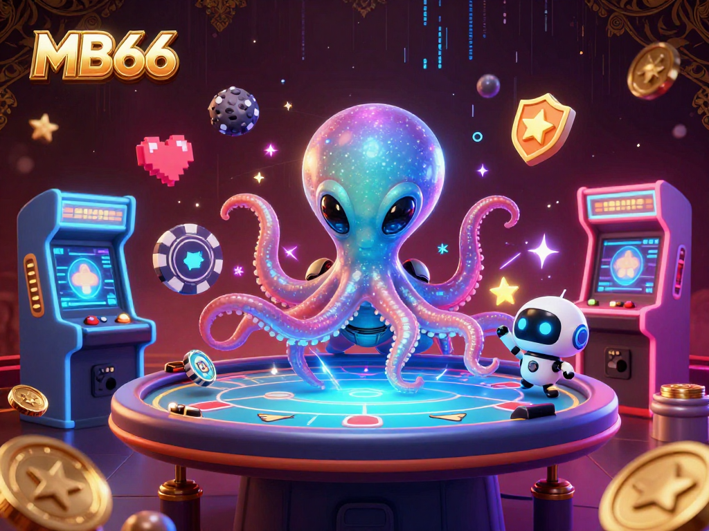 Experience thrilling gaming action with MB66, featuring a galactic octopus navigating a holographic poker table.