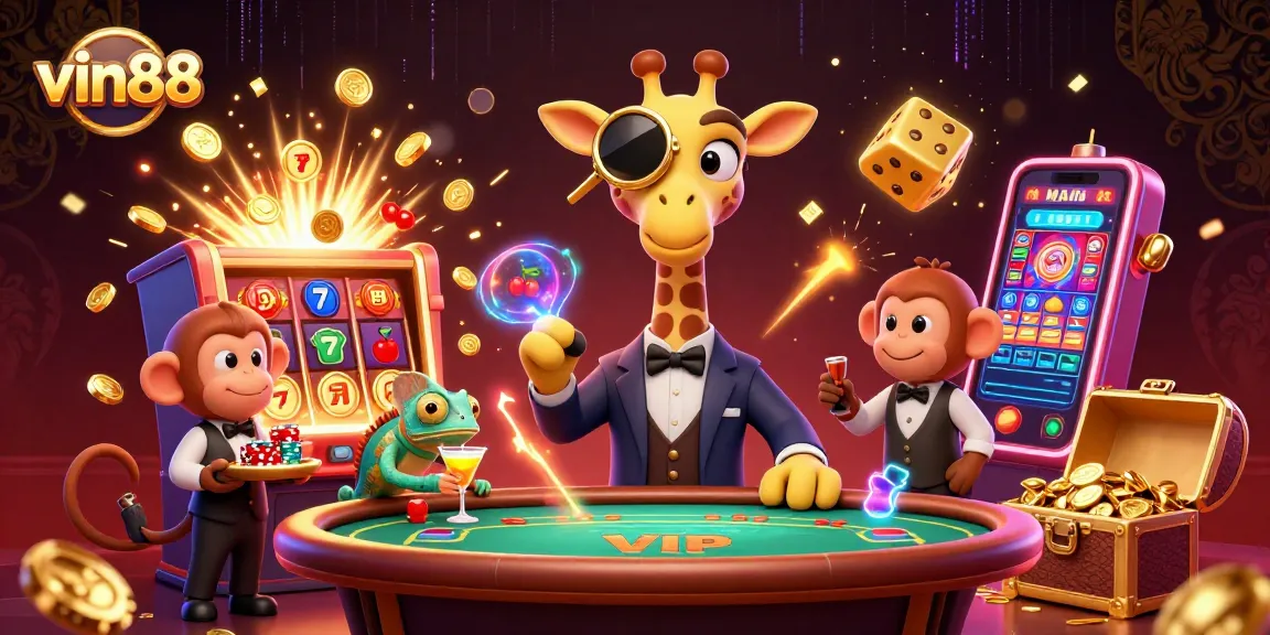 Experience vin88's vibrant casino atmosphere with lively characters and explosive gaming action.