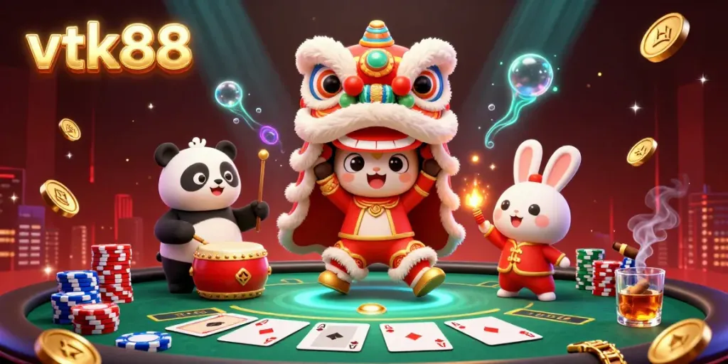 Experience the excitement of vtk88 with a vibrant 3D scene featuring a lion dance, drumming panda, and poker elements.
