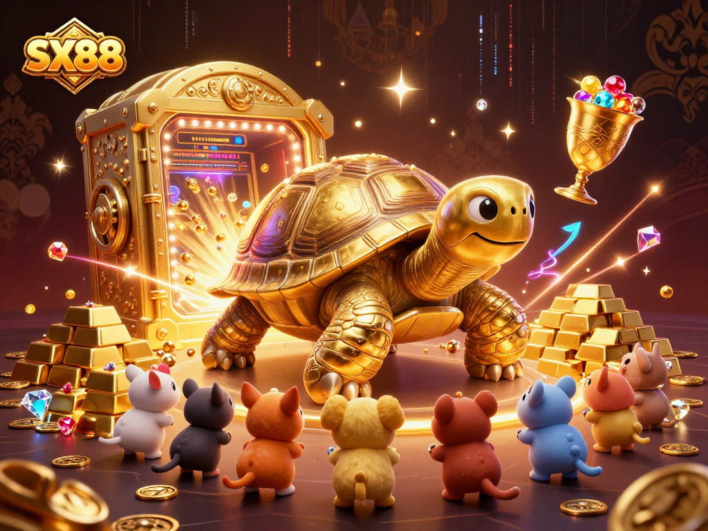 SX88 delights players with a playful scene of a golden tortoise pinball machine amidst treasures and animated animals.