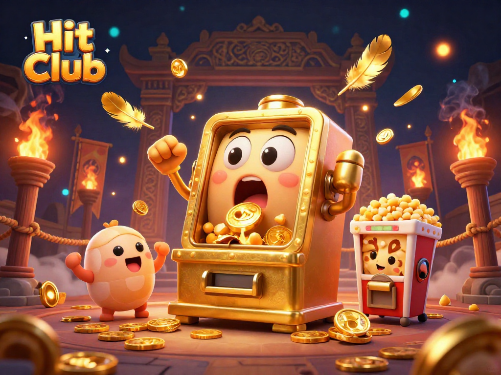 Experience the excitement of Hit Club with golden slot machines celebrating jackpots in a vibrant casino scene.