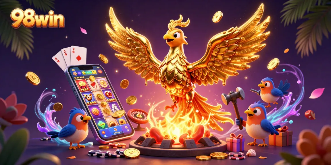 Engage with 98win's vibrant casino scene of golden phoenix and game elements, showcasing excitement.