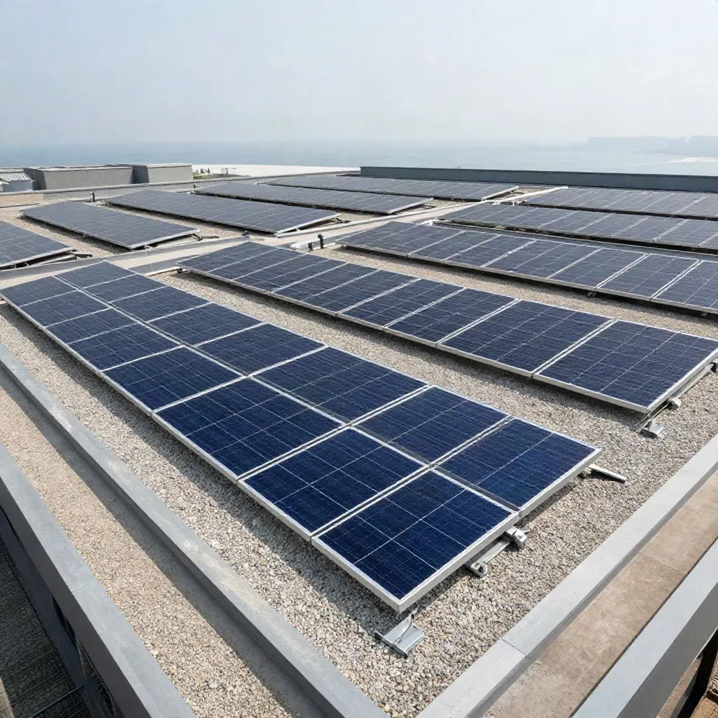 Plat dak in Den Haag met zonnepanelen, grindballast en een nette servicezone in zachte kustmist.