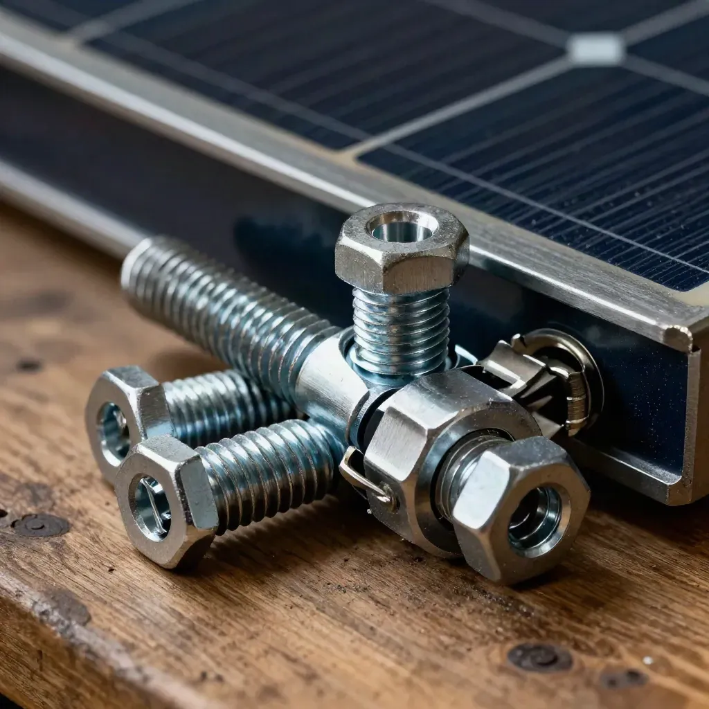 Dramatische macro van zonnepaneelmontage met fasteners, railsplicing en clamp op een houten werkbank.