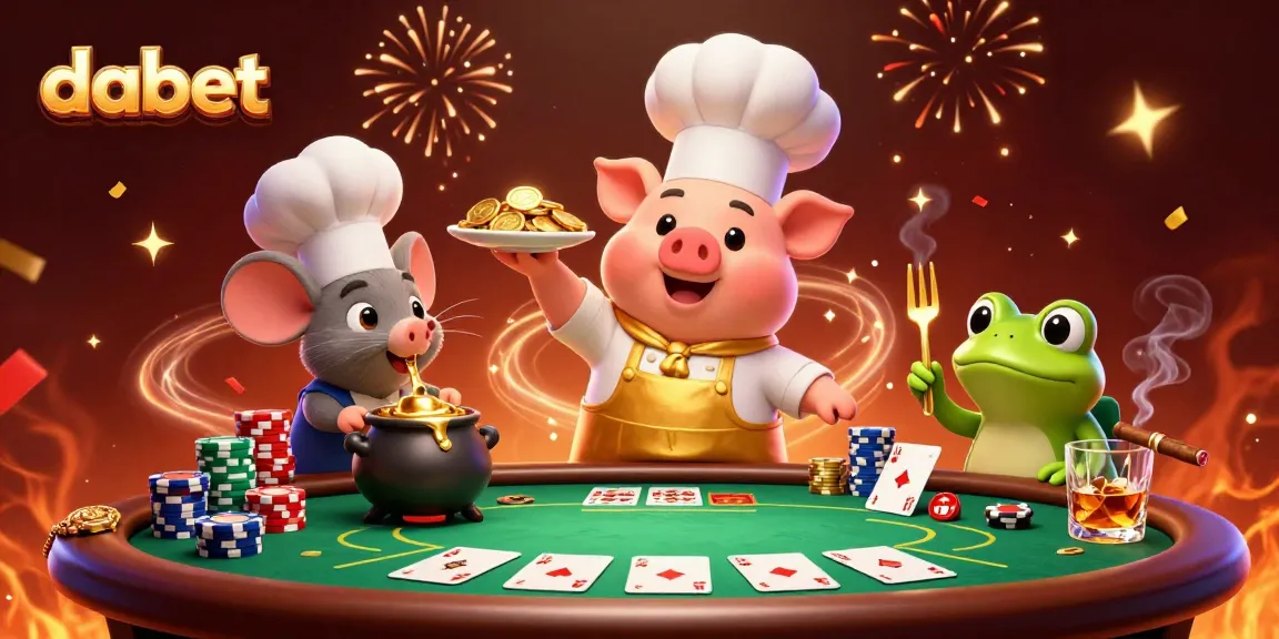 Dabet engages players with an exciting 3D casino scene showcasing a lively food-themed character illustration featuring unique casino elements.