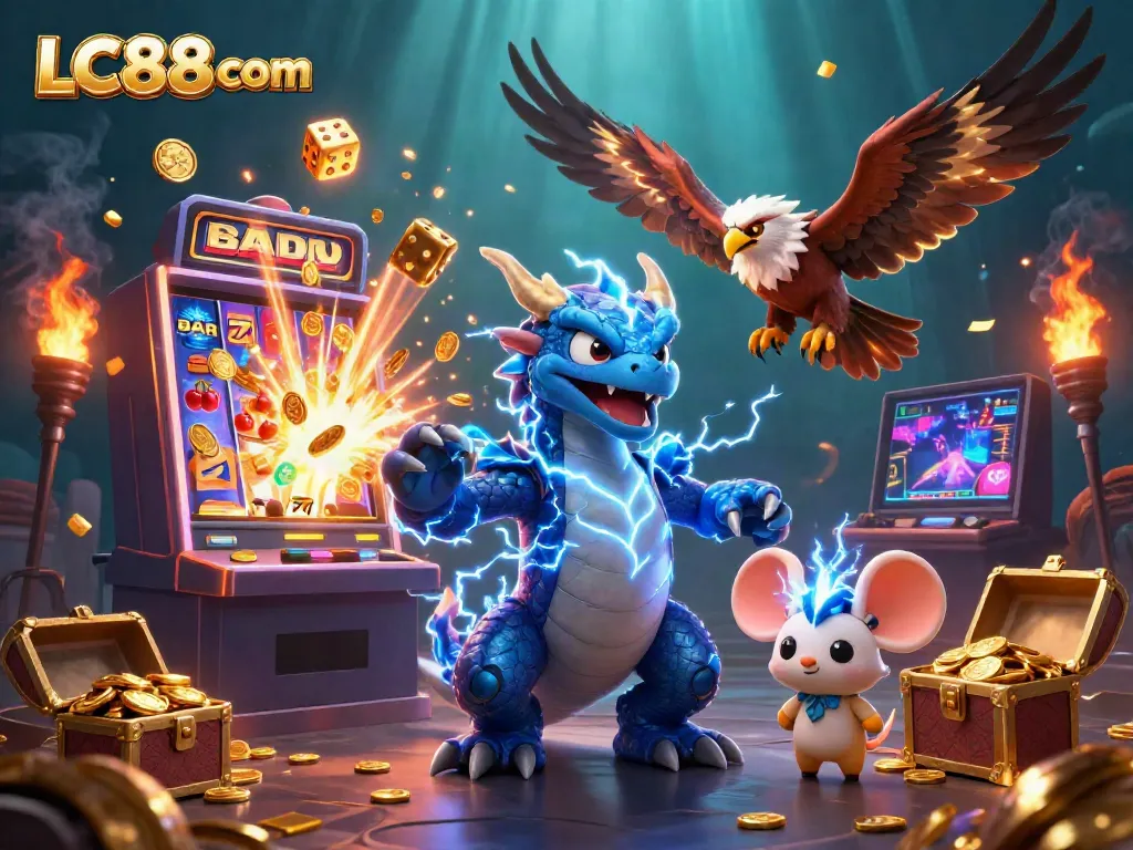 Experience the thrill of winning with LC88 com's dynamic casino-themed illustration featuring exciting game elements.
